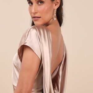 Lulus Captivating Presence Champagne Satin Cowl Back Maxi Dress Gold - Size XS